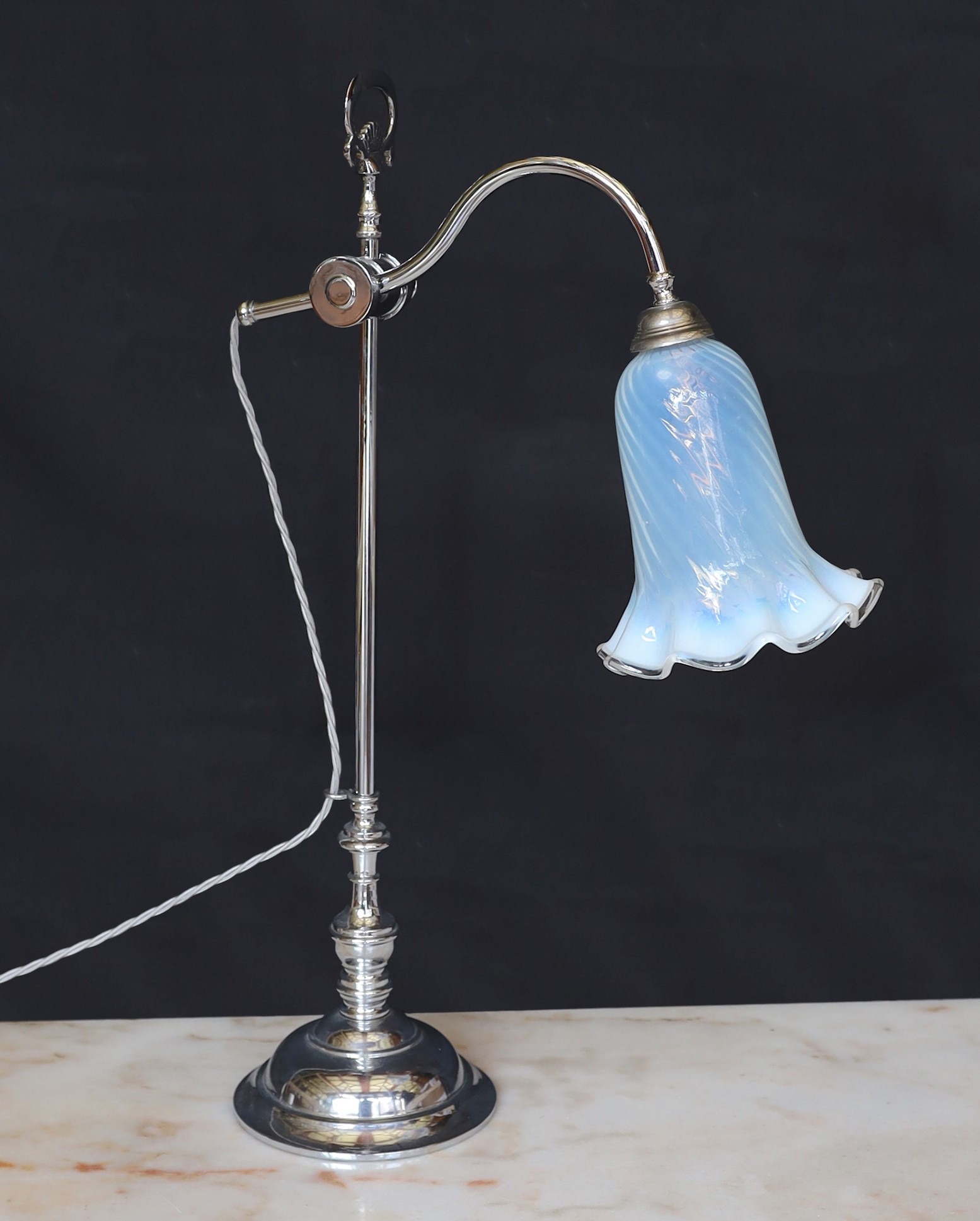 A 1930s style chrome plated adjustable desk lamp with Vaseline glass shade, height 60cm